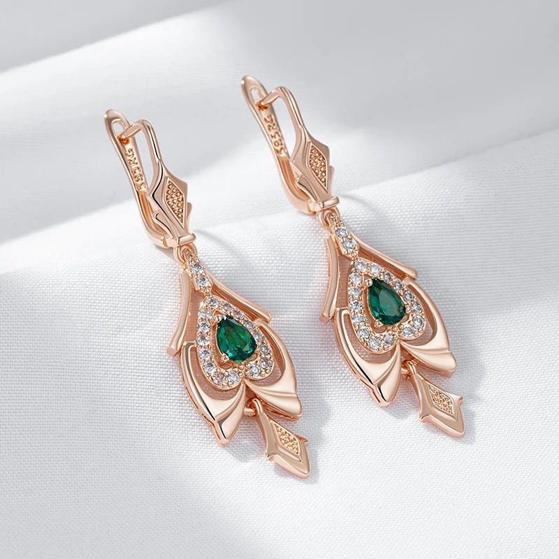 Smart Vintage-Inspired 585 Rose Gold Drop Earrings with Crystal Flower and Green Natural Zircon Accents