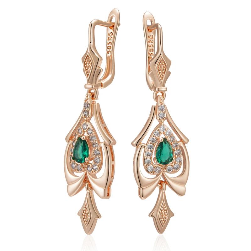 Smart Vintage-Inspired 585 Rose Gold Drop Earrings with Crystal Flower and Green Natural Zircon Accents