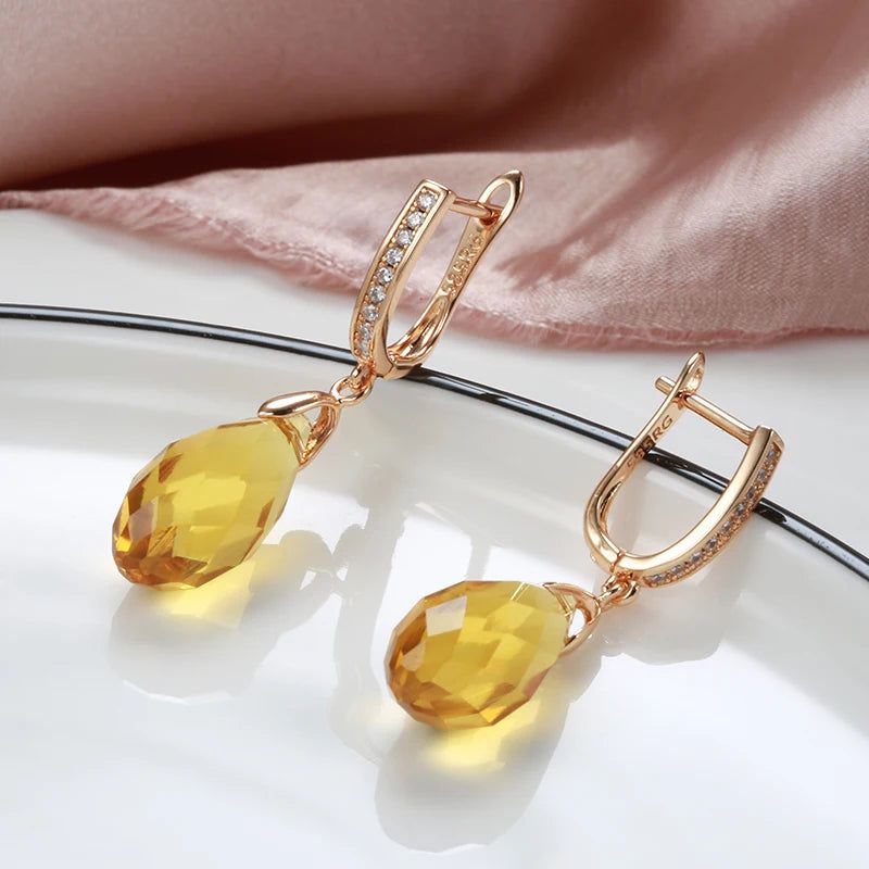 Smart Vintage-Inspired 585 Rose Gold Drop Earrings with Natural Zircon and Yellow Crystal