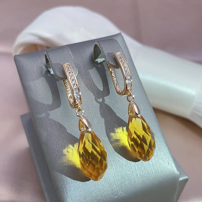 Smart Vintage-Inspired 585 Rose Gold Drop Earrings with Natural Zircon and Yellow Crystal