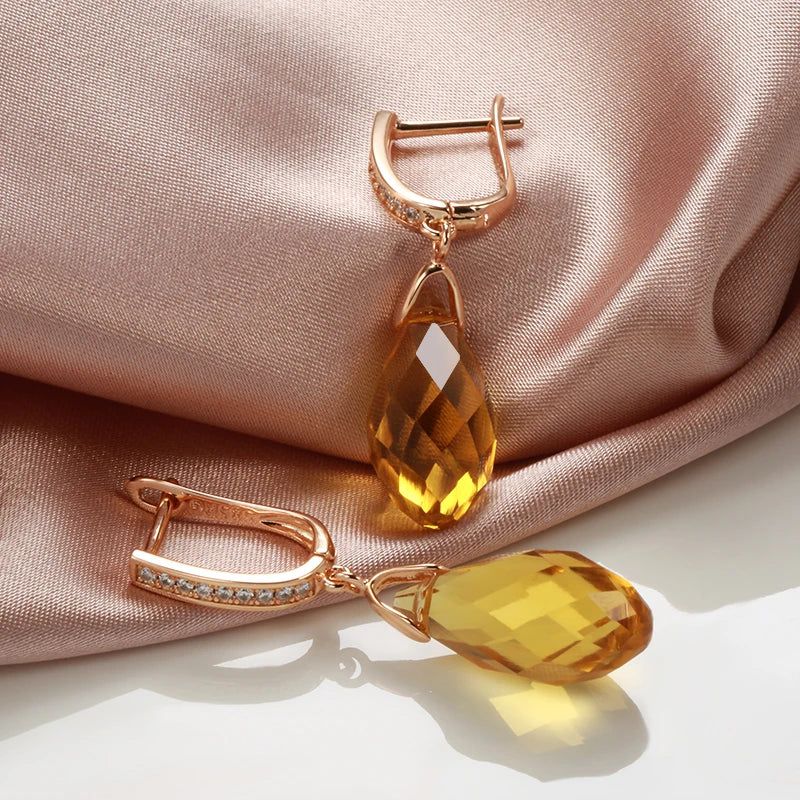 Smart Vintage-Inspired 585 Rose Gold Drop Earrings with Natural Zircon and Yellow Crystal