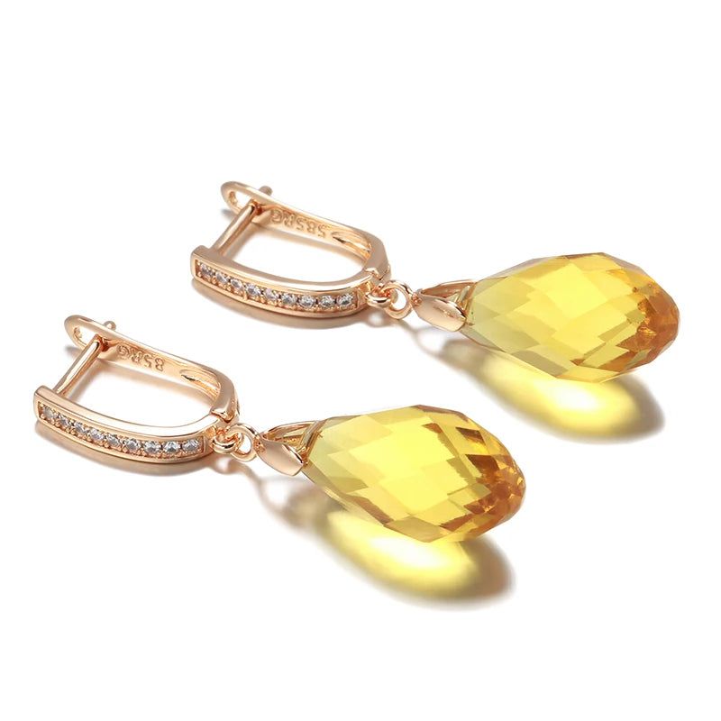 Smart Vintage-Inspired 585 Rose Gold Drop Earrings with Natural Zircon and Yellow Crystal