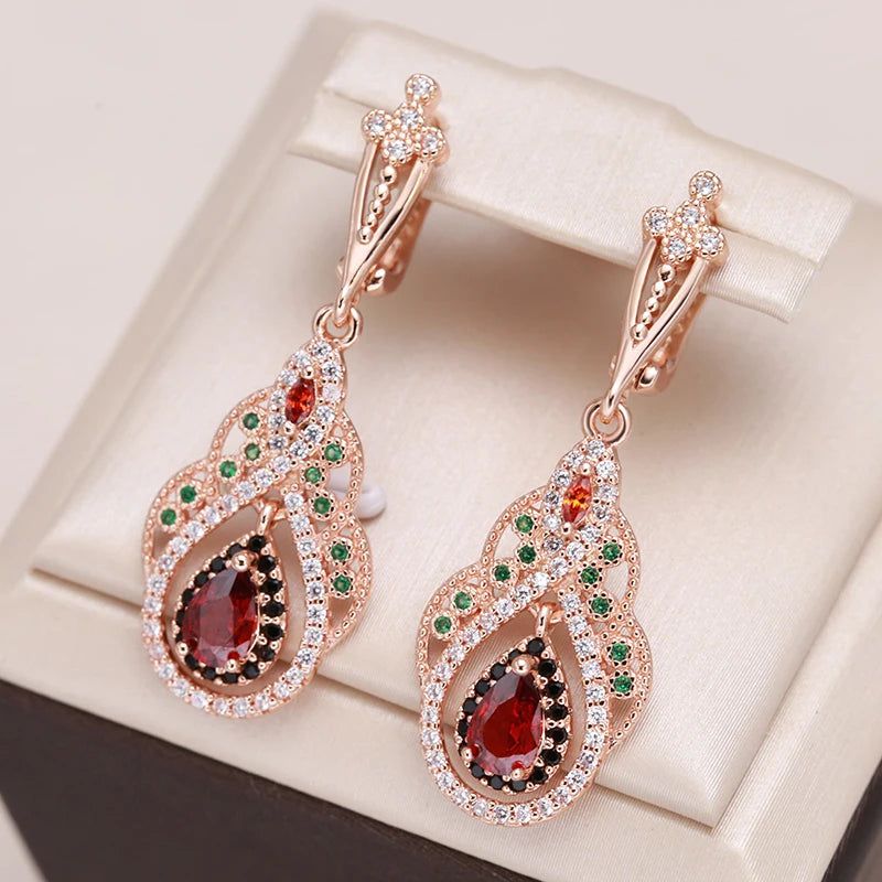 Smart Vintage-Inspired 585 Rose Gold Drop Earrings with Red Natural Zircon Crystal Flower Design