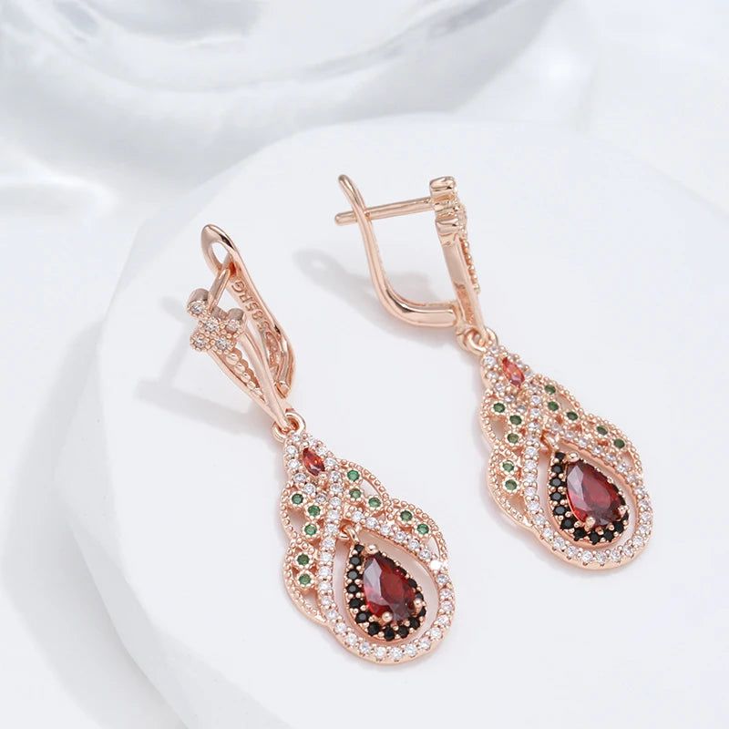 Smart Vintage-Inspired 585 Rose Gold Drop Earrings with Red Natural Zircon Crystal Flower Design