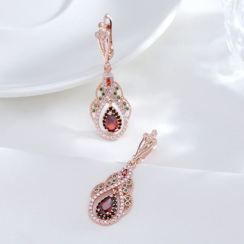 Smart Vintage-Inspired 585 Rose Gold Drop Earrings with Red Natural Zircon Crystal Flower Design