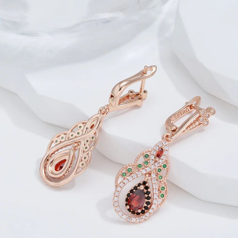 Smart Vintage-Inspired 585 Rose Gold Drop Earrings with Red Natural Zircon Crystal Flower Design