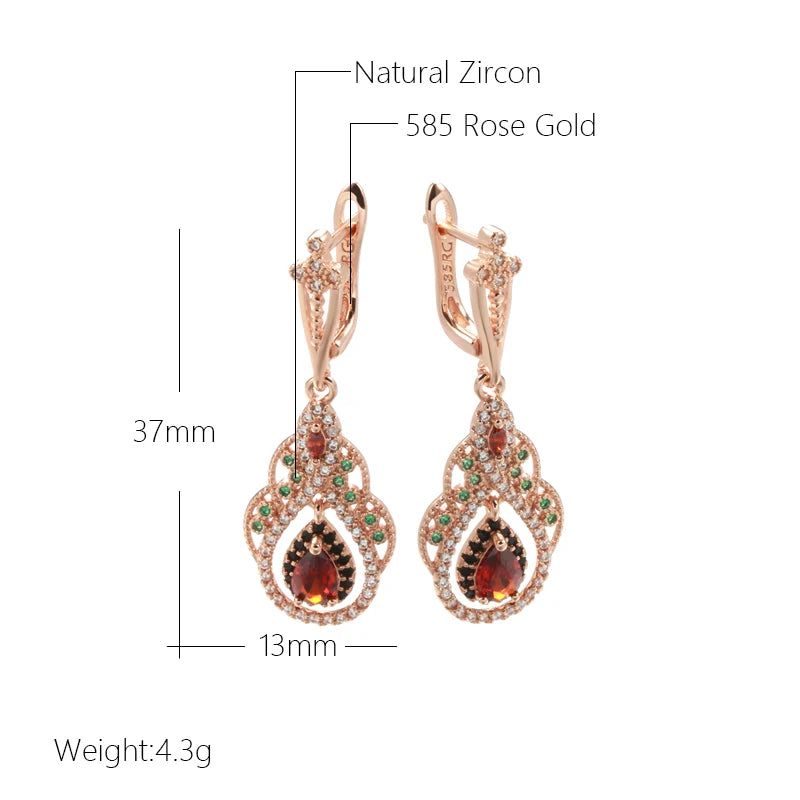 Smart Vintage-Inspired 585 Rose Gold Drop Earrings with Red Natural Zircon Crystal Flower Design