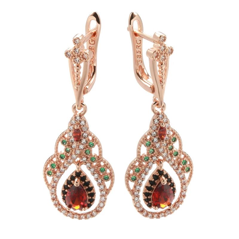 Smart Vintage-Inspired 585 Rose Gold Drop Earrings with Red Natural Zircon Crystal Flower Design