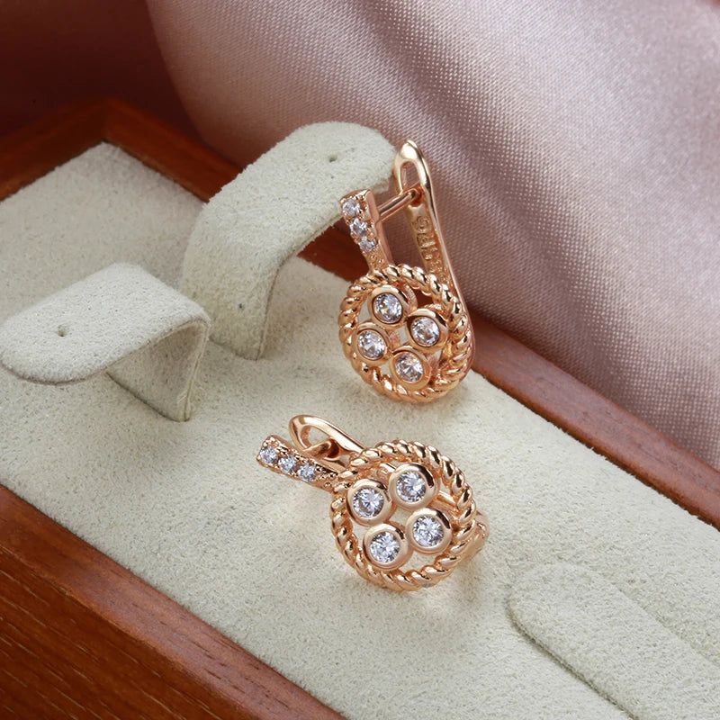 Smart Vintage-Inspired 585 Rose Gold Hollow Flower Drop Earrings with Natural Zircon