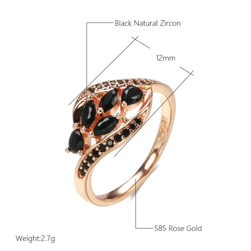 Smart Vintage-Inspired 585 Rose Gold Leaf Ring with Black Natural Zircon Inlay