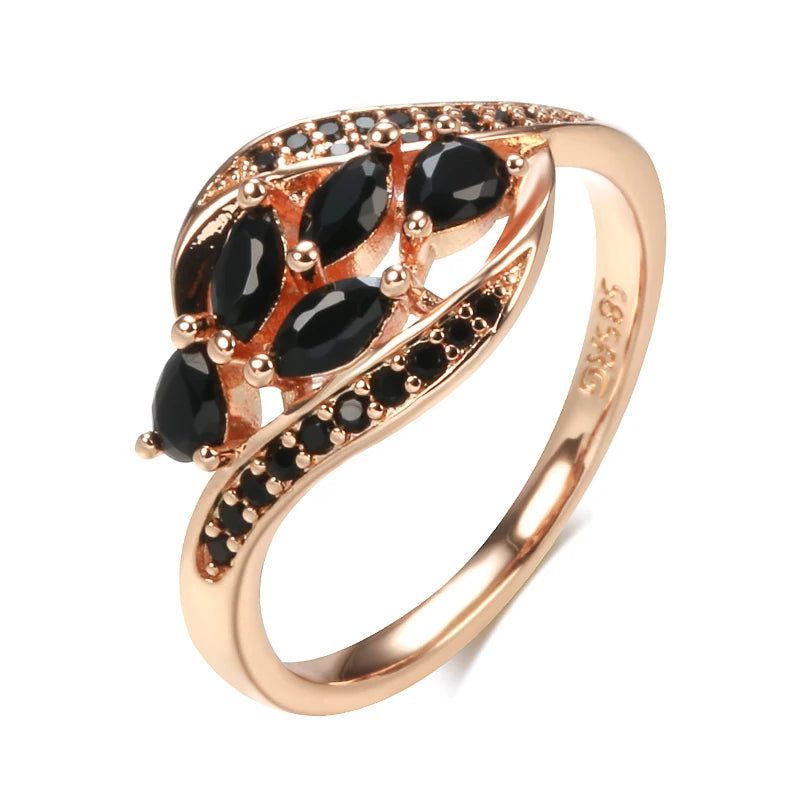 Smart Vintage-Inspired 585 Rose Gold Leaf Ring with Black Natural Zircon Inlay