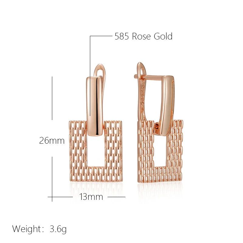 Smart Vintage-Inspired 585 Rose Gold Square Dangle Earrings with Hollow Weave Design