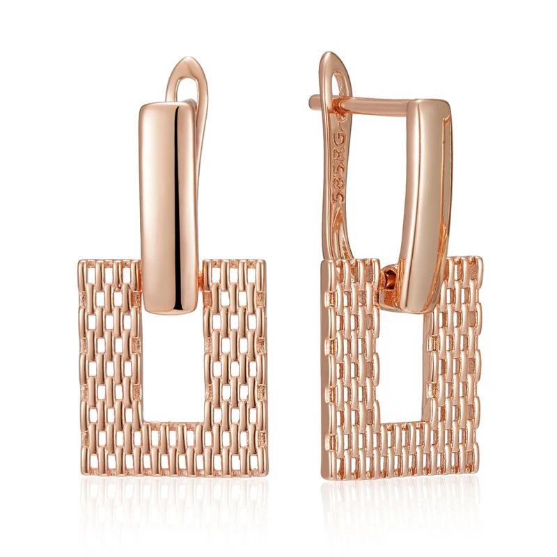 Smart Vintage-Inspired 585 Rose Gold Square Dangle Earrings with Hollow Weave Design