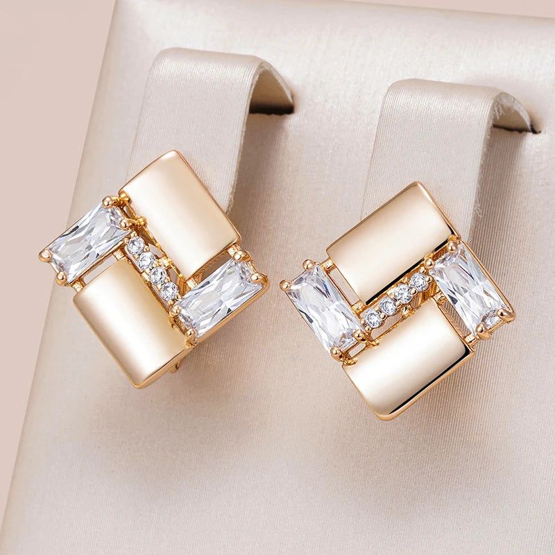 Smart Vintage-Inspired 585 Rose Gold Square Earrings with Natural Zircon Accents