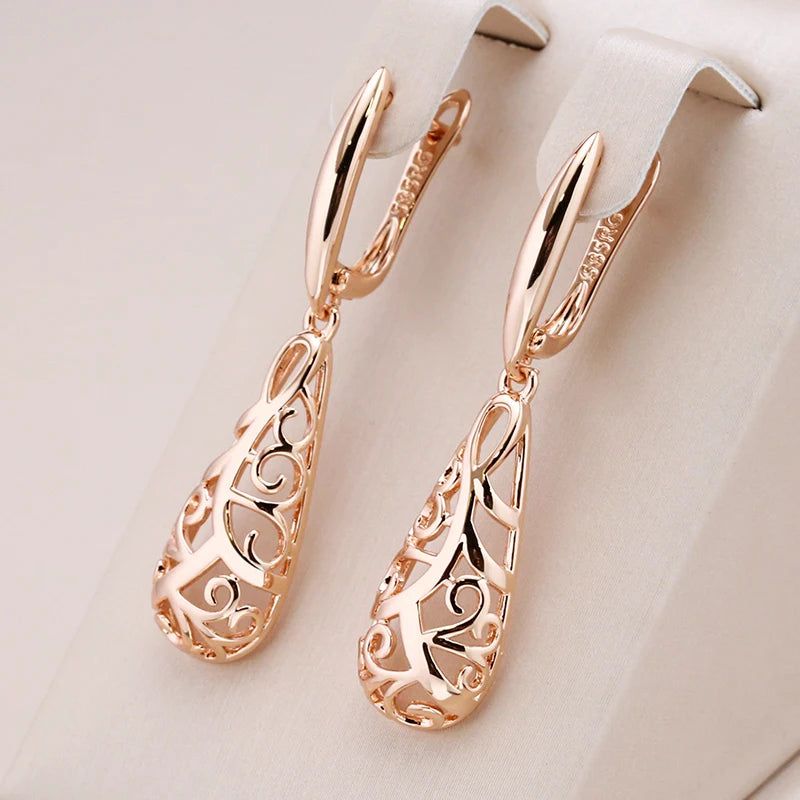 Smart Vintage-Inspired Glossy Flower Long Dangle Earrings in 585 Rose Gold - Trendy Fashion Jewelry