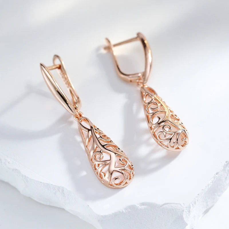 Smart Vintage-Inspired Glossy Flower Long Dangle Earrings in 585 Rose Gold - Trendy Fashion Jewelry