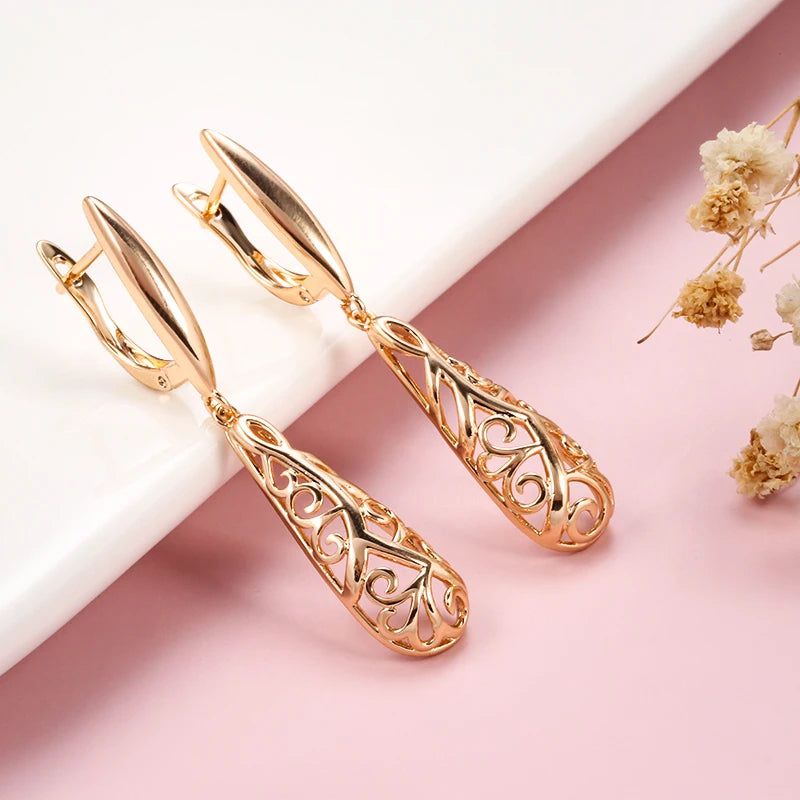 Smart Vintage-Inspired Glossy Flower Long Dangle Earrings in 585 Rose Gold - Trendy Fashion Jewelry