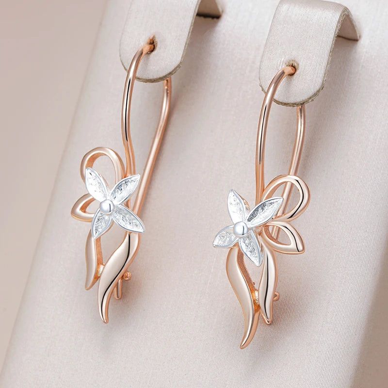 Smart Vintage-Inspired Glossy Metal Flower Long Drop Earrings in 585 Rose Gold and Silver Mix