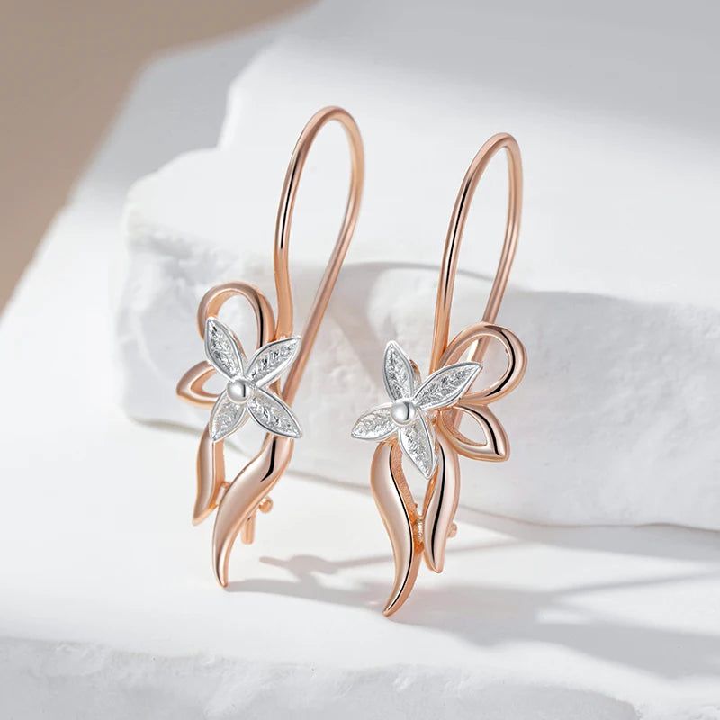 Smart Vintage-Inspired Glossy Metal Flower Long Drop Earrings in 585 Rose Gold and Silver Mix