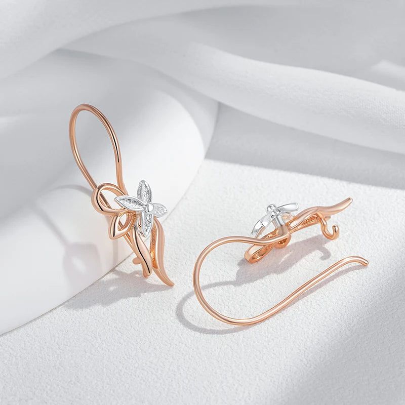 Smart Vintage-Inspired Glossy Metal Flower Long Drop Earrings in 585 Rose Gold and Silver Mix