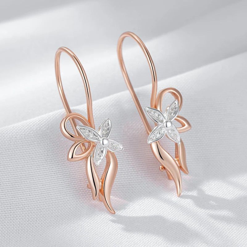 Smart Vintage-Inspired Glossy Metal Flower Long Drop Earrings in 585 Rose Gold and Silver Mix