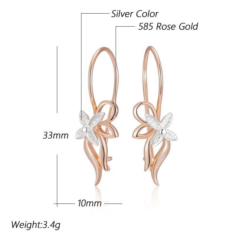 Smart Vintage-Inspired Glossy Metal Flower Long Drop Earrings in 585 Rose Gold and Silver Mix