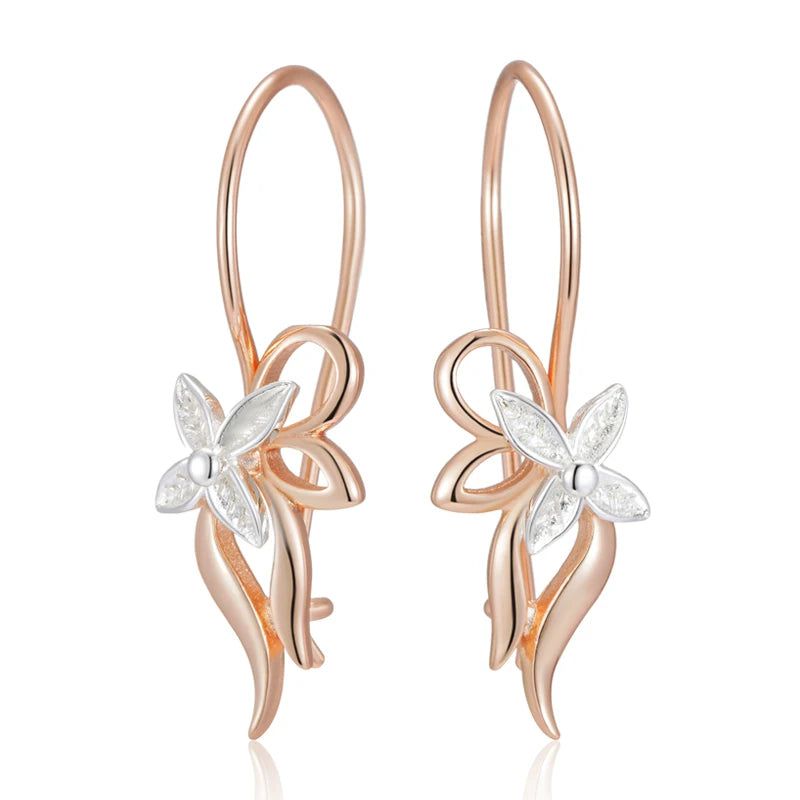 Smart Vintage-Inspired Glossy Metal Flower Long Drop Earrings in 585 Rose Gold and Silver Mix