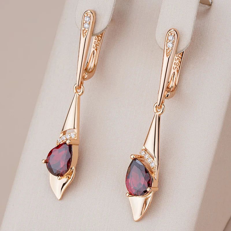 Smart Vintage-Inspired Long Dangle Earrings with Red Natural Zircon in 585 Rose Gold Finish