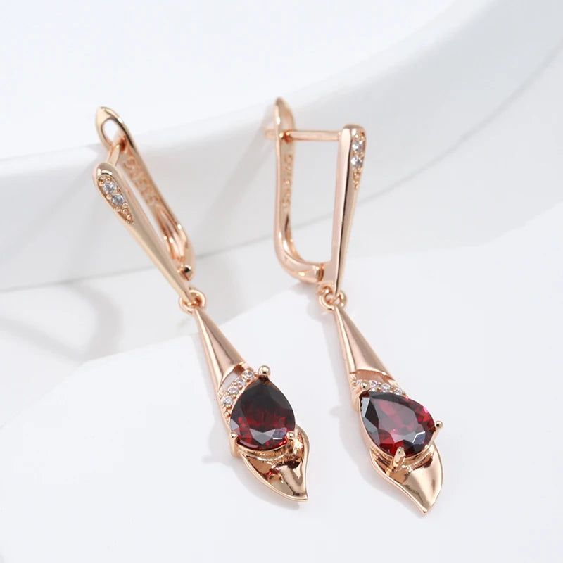 Smart Vintage-Inspired Long Dangle Earrings with Red Natural Zircon in 585 Rose Gold Finish