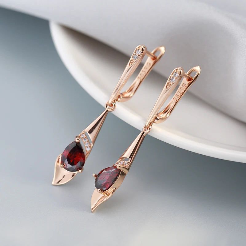 Smart Vintage-Inspired Long Dangle Earrings with Red Natural Zircon in 585 Rose Gold Finish