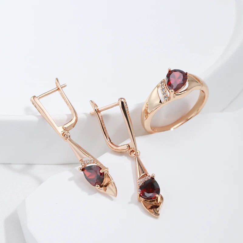 Smart Vintage-Inspired Long Dangle Earrings with Red Natural Zircon in 585 Rose Gold Finish