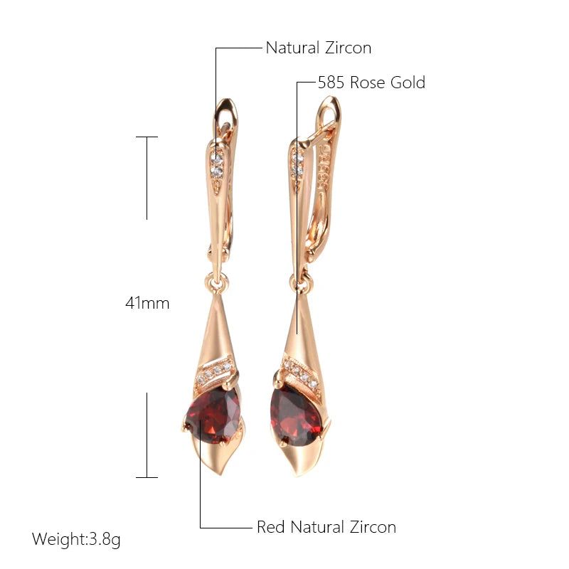 Smart Vintage-Inspired Long Dangle Earrings with Red Natural Zircon in 585 Rose Gold Finish