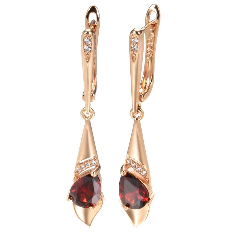 Smart Vintage-Inspired Long Dangle Earrings with Red Natural Zircon in 585 Rose Gold Finish