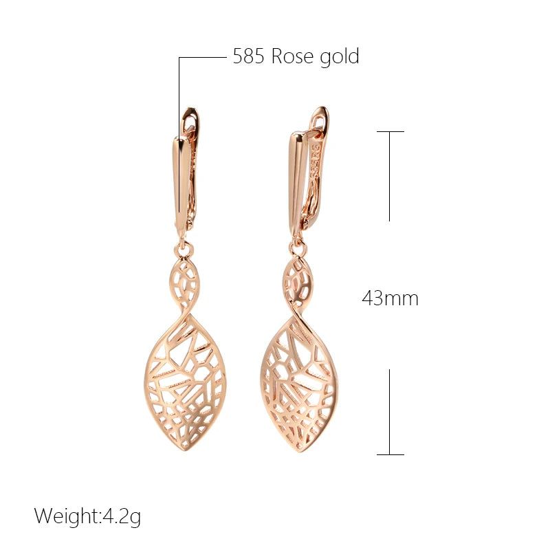 Smart Vintage-Inspired Long Drop Earrings in 585 Rose Gold Leaf Design