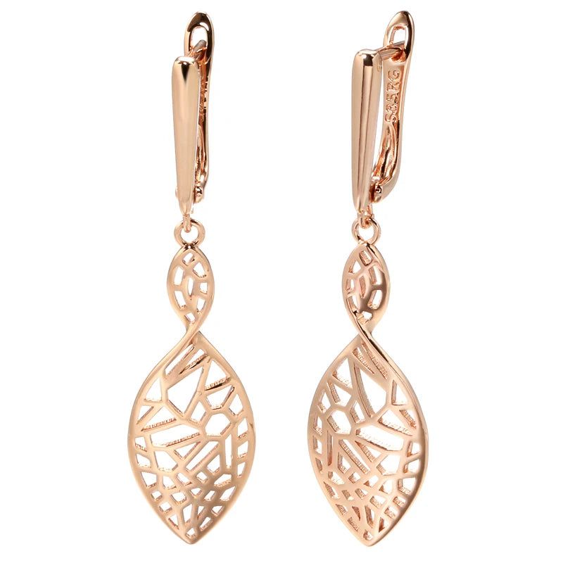 Smart Vintage-Inspired Long Drop Earrings in 585 Rose Gold Leaf Design