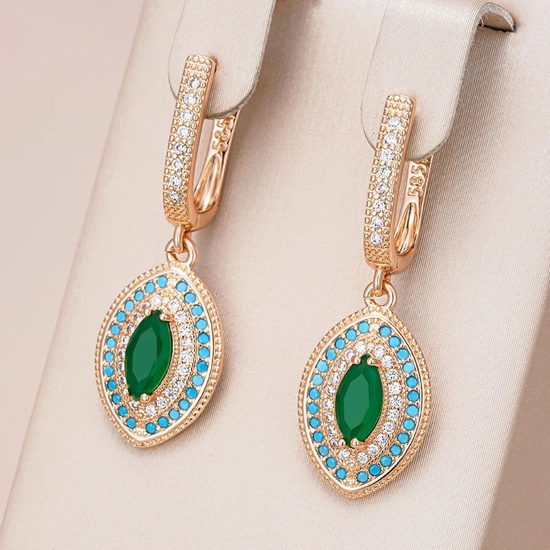 Smart Vintage-Inspired Long Drop Earrings in 585 Rose Gold with Green and Blue Natural Zircon