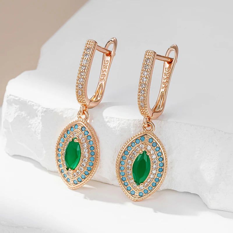 Smart Vintage-Inspired Long Drop Earrings in 585 Rose Gold with Green and Blue Natural Zircon