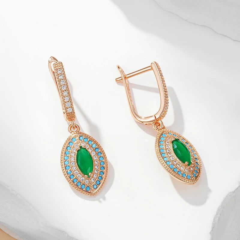 Smart Vintage-Inspired Long Drop Earrings in 585 Rose Gold with Green and Blue Natural Zircon