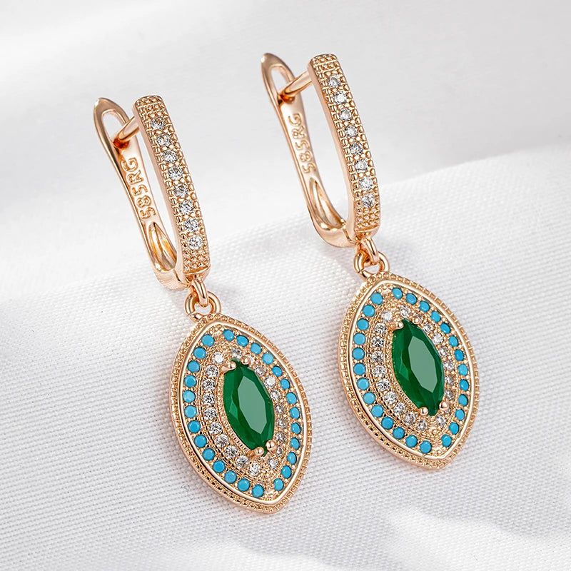 Smart Vintage-Inspired Long Drop Earrings in 585 Rose Gold with Green and Blue Natural Zircon