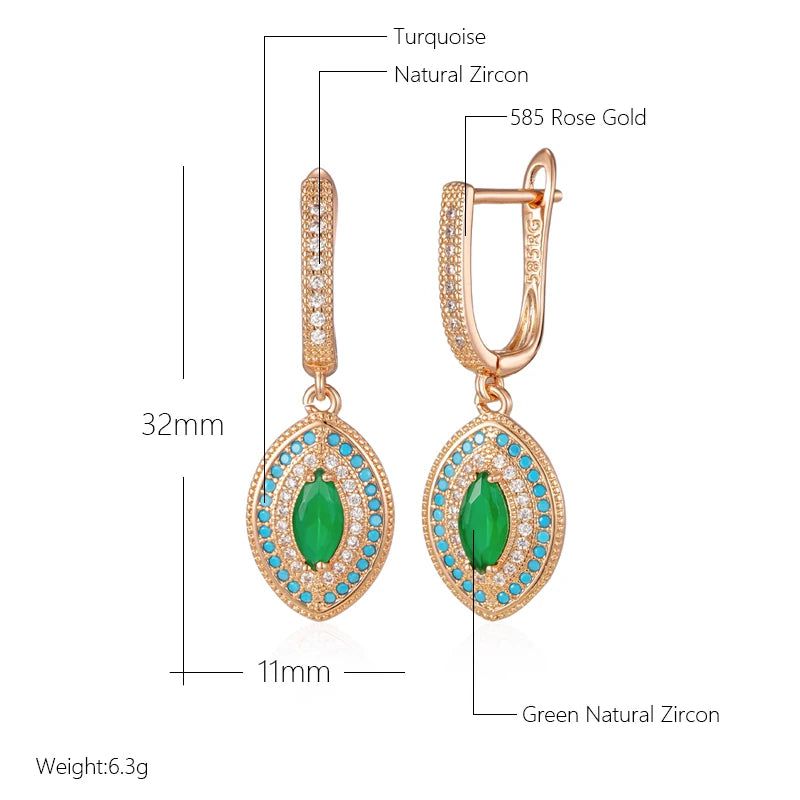 Smart Vintage-Inspired Long Drop Earrings in 585 Rose Gold with Green and Blue Natural Zircon