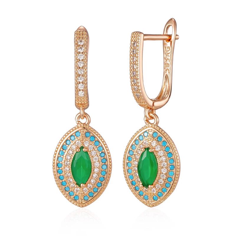 Smart Vintage-Inspired Long Drop Earrings in 585 Rose Gold with Green and Blue Natural Zircon