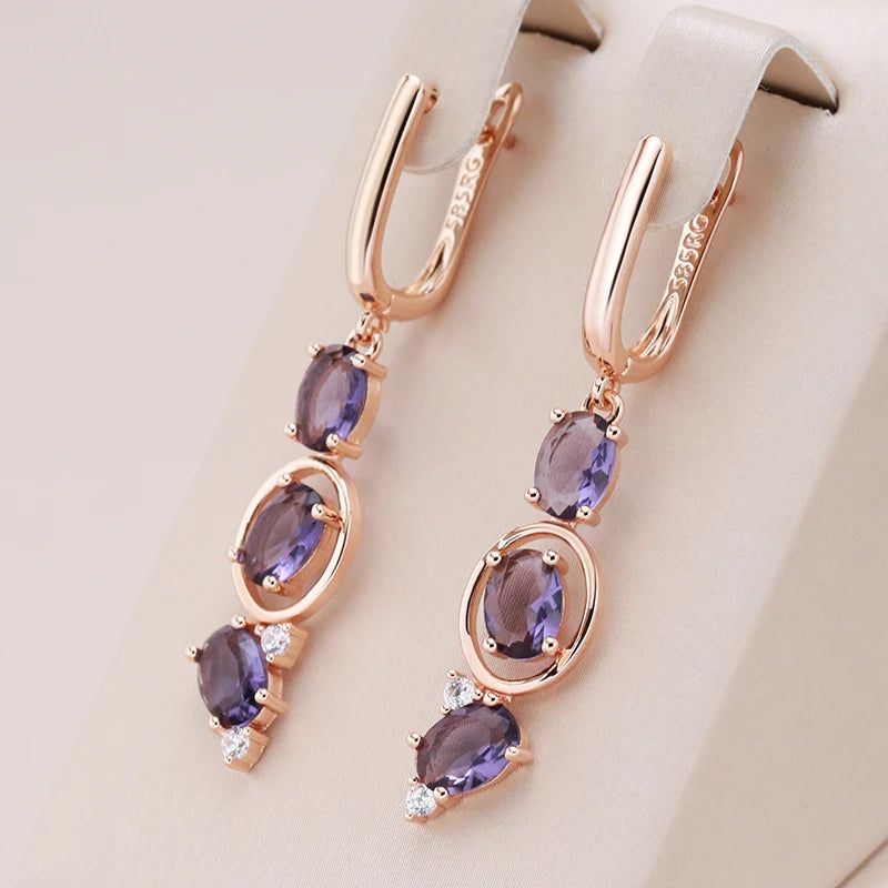 Smart Vintage-Inspired Long Drop Earrings with Unique Purple Natural Zircon in 585 Rose Gold Finish