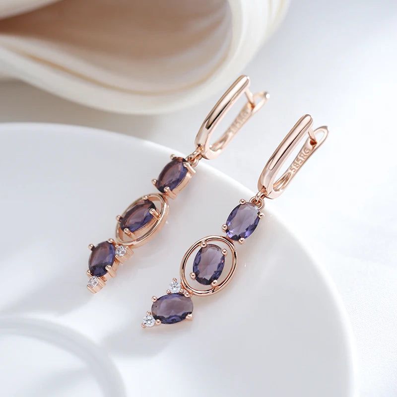 Smart Vintage-Inspired Long Drop Earrings with Unique Purple Natural Zircon in 585 Rose Gold Finish