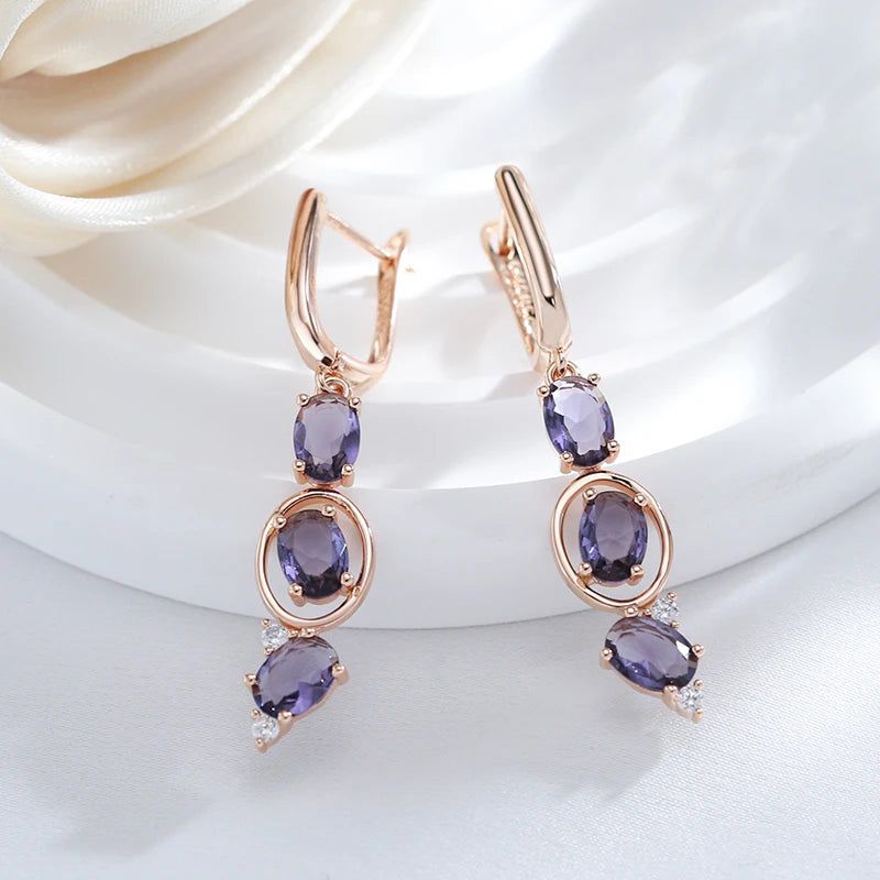 Smart Vintage-Inspired Long Drop Earrings with Unique Purple Natural Zircon in 585 Rose Gold Finish