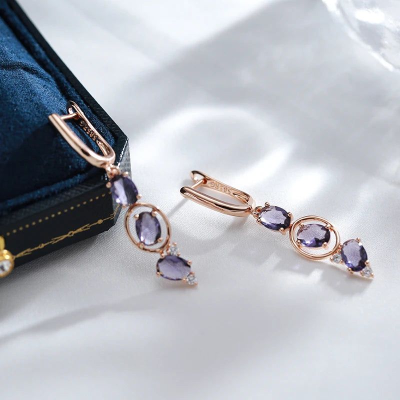 Smart Vintage-Inspired Long Drop Earrings with Unique Purple Natural Zircon in 585 Rose Gold Finish