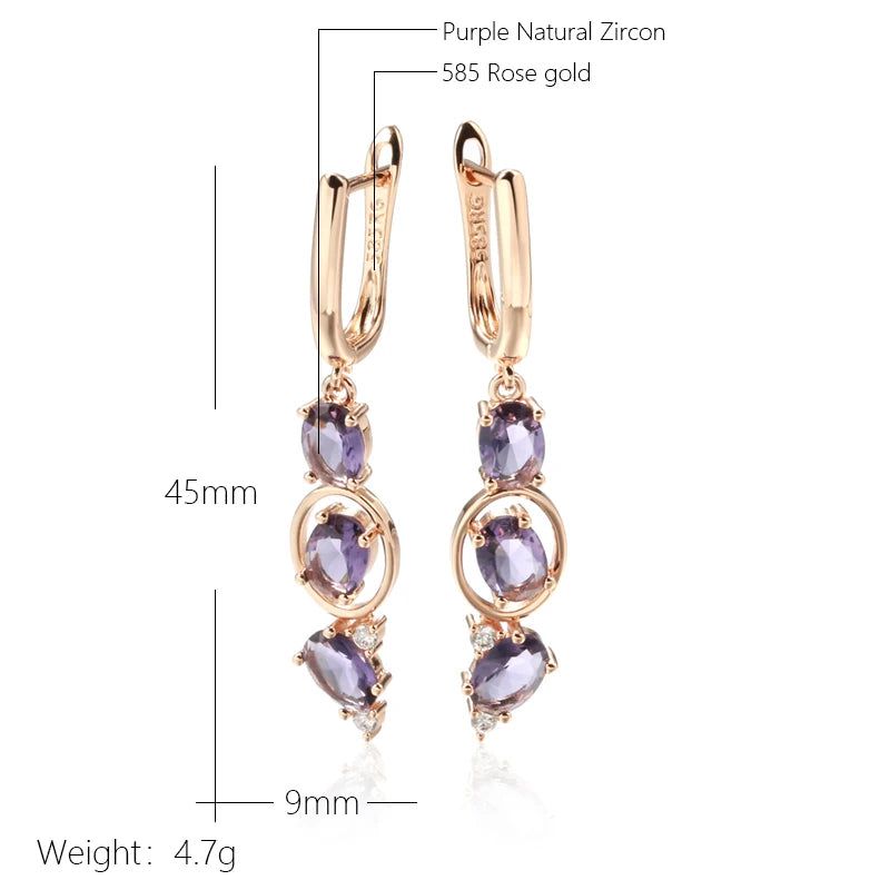 Smart Vintage-Inspired Long Drop Earrings with Unique Purple Natural Zircon in 585 Rose Gold Finish