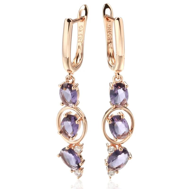 Smart Vintage-Inspired Long Drop Earrings with Unique Purple Natural Zircon in 585 Rose Gold Finish