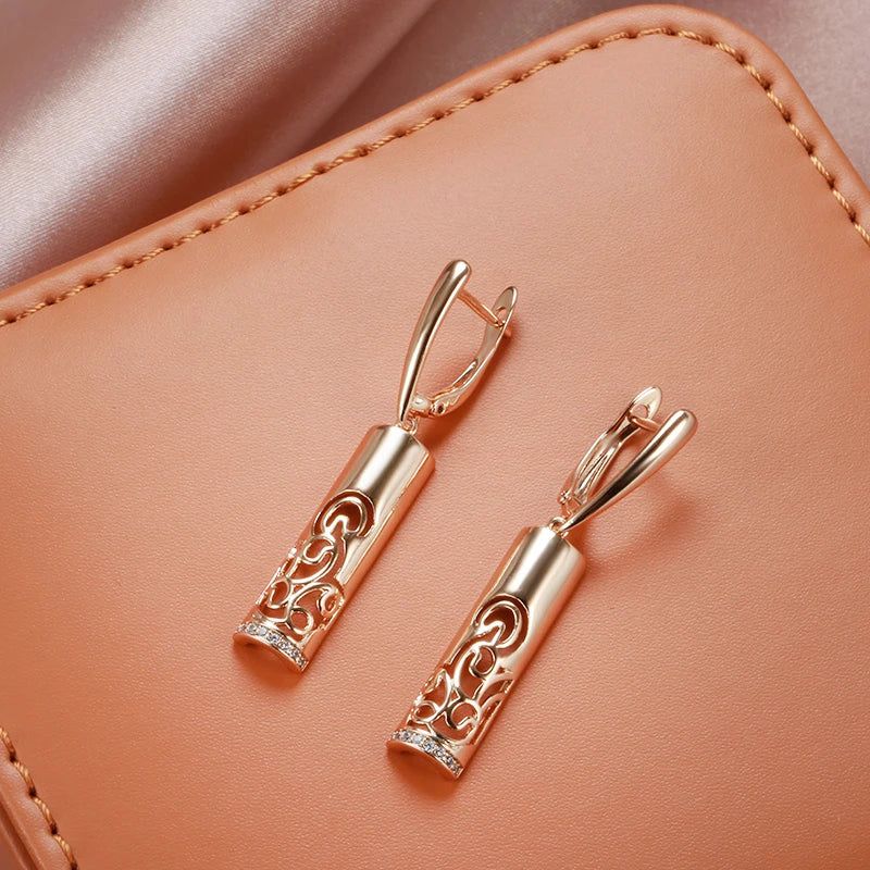 Smart Vintage-Inspired Long Flower Dangle Earrings in 585 Rose Gold with Natural Zircon