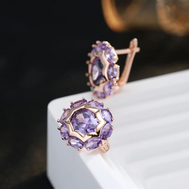 Smart Vintage-Inspired Purple Natural Zircon Drop Earrings in 585 Rose Gold Finish