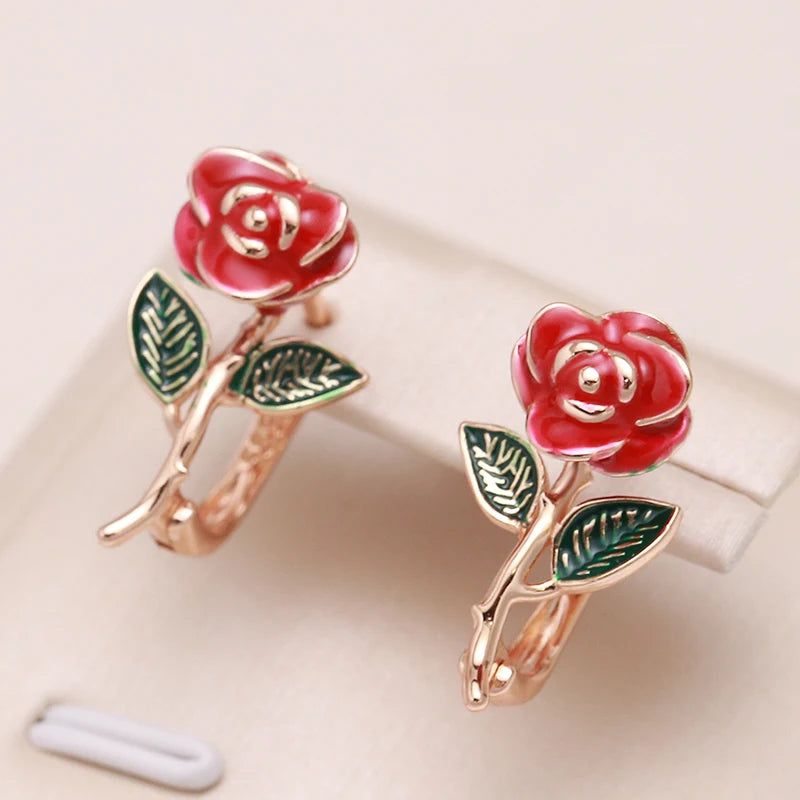 Smart Vintage-Inspired Rose Gold Drop Earrings with Red Enamel Accents